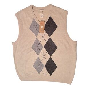 DOCKERS Sweater Vest Knit V-Neck Argyle Oatmeal Gray Black Size XL